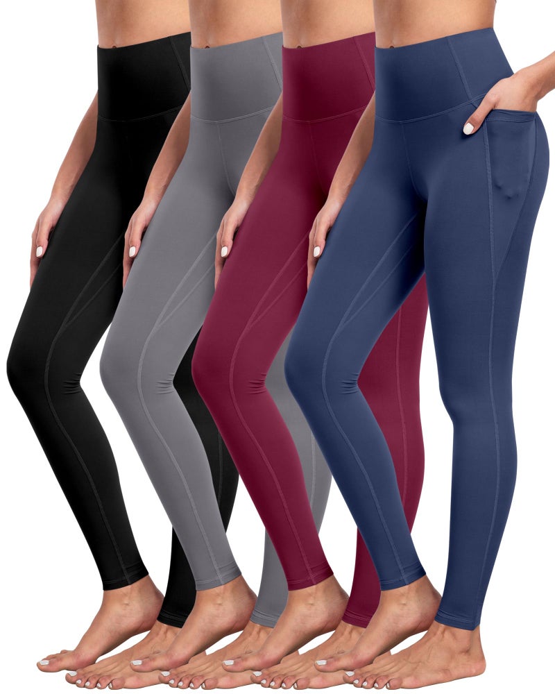 NORMOV 4 Packs Yoga Leggings with Pockets for Women, Soft High Waisted Tummy Control Workout Pants(Black/Dark Gray/Burgundy/Navy,XL) - Image 1