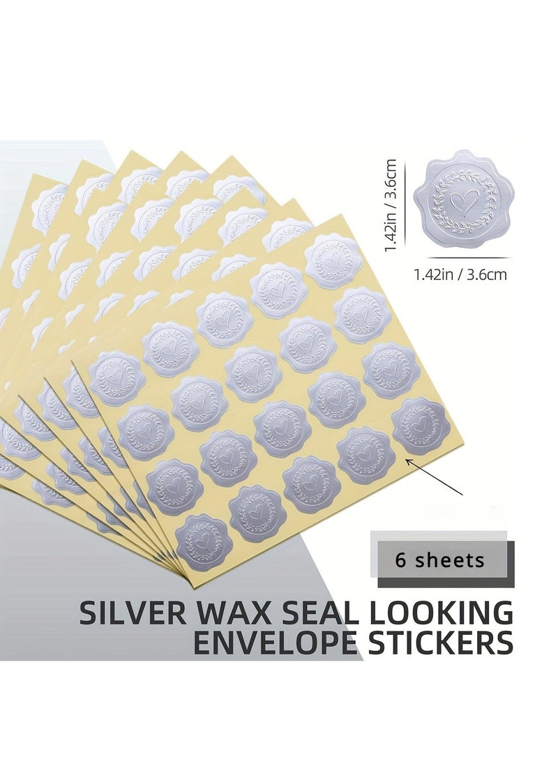 6 sheets silver embossed heart stickers, self-adhesive heart envelope sealing wax sticker labels for wedding party invitations, gift bag stickers, envelope stickers - Image 1