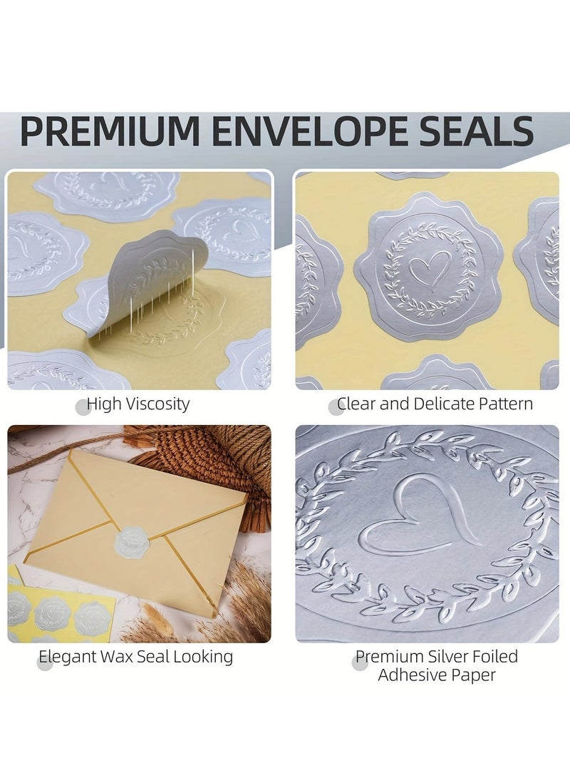6 sheets silver embossed heart stickers, self-adhesive heart envelope sealing wax sticker labels for wedding party invitations, gift bag stickers, envelope stickers - Image 2