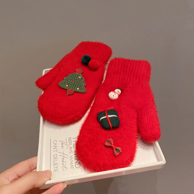 2024 Sweet Girl Cute Thickened Warm Gloves for Students 8#Red gift bag 