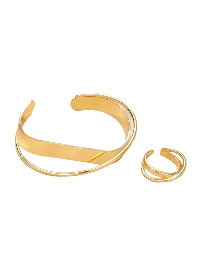 Huitich Gold Color Alloy Bracelet & Ring Set Open Cuff Bangle + Ring (Size 7) - Image 1