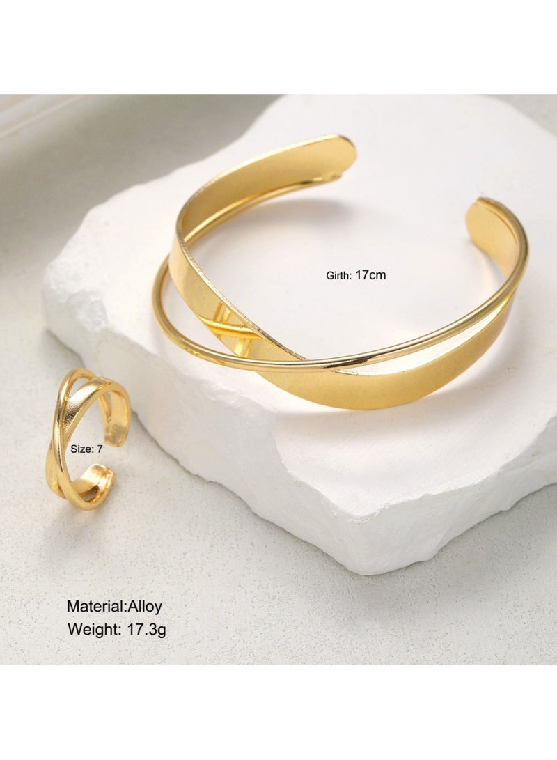 Huitich Gold Color Alloy Bracelet & Ring Set Open Cuff Bangle + Ring (Size 7) - Image 3