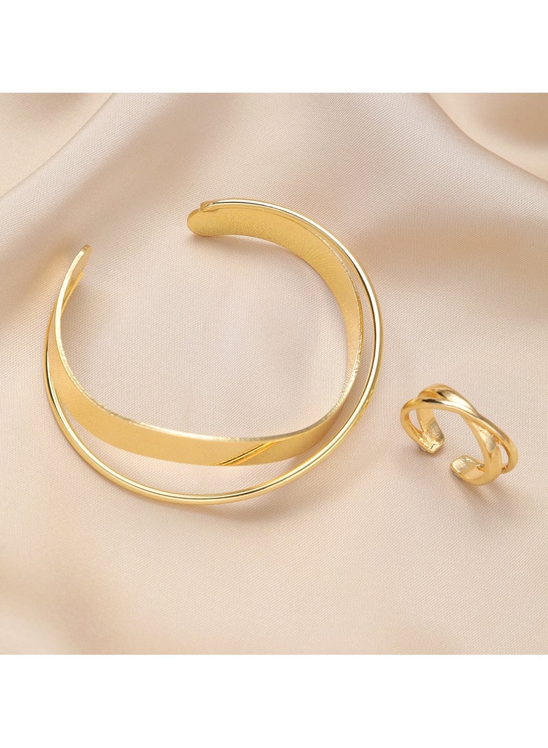 Huitich Gold Color Alloy Bracelet & Ring Set Open Cuff Bangle + Ring (Size 7) - Image 4
