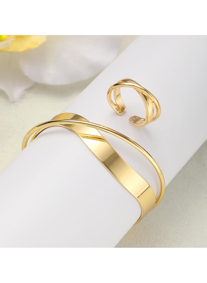 Huitich Gold Color Alloy Bracelet & Ring Set Open Cuff Bangle + Ring (Size 7) - Image 2