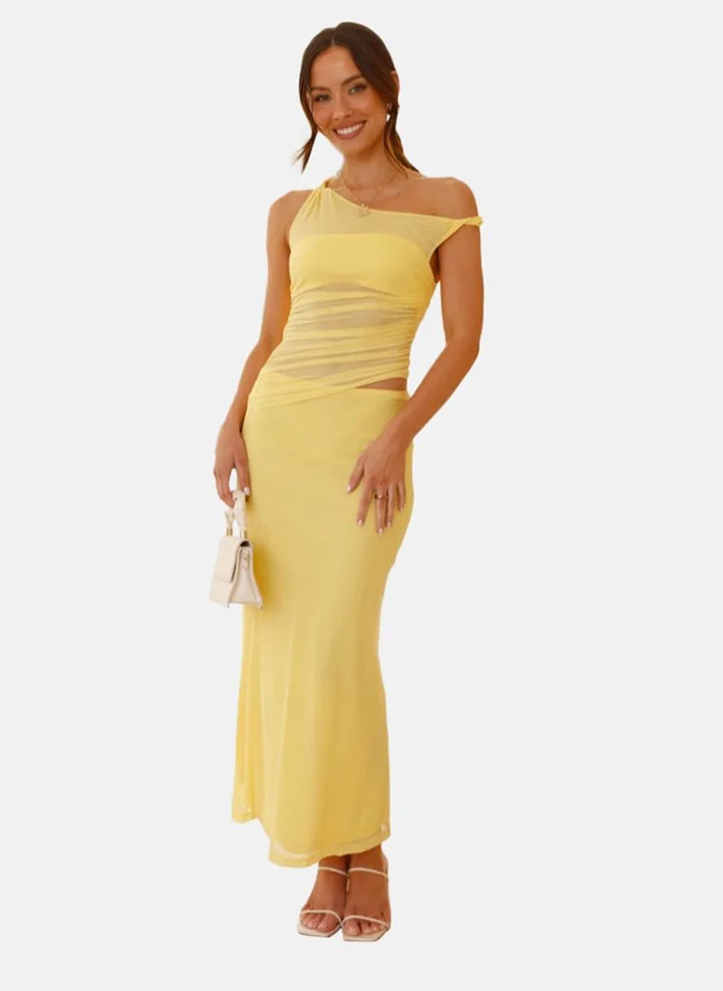 يونيكي Yellow Bodycon Off-Shoulder Solid Dress