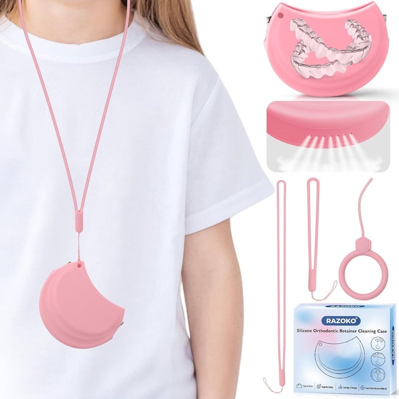 RAZOKO Silicone Retainer Case with 3 Lanyard Cute Aligner Case Vent Holes Night Mouth Guard Retainer Holder for Girl Women Kids Men for Travel Pink - Image 1