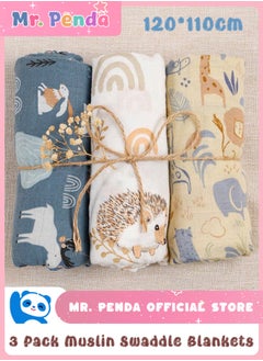 Mr. Penda Muslin Swaddle Blankets for Baby, 3 Pack Breathable Soft Receiving Blanket, Large 120*110cm Swaddle Wrap Burping Clothes, Essentials Infant Shower Items, Toddler Gift (Animal Pattern)  - Image 1