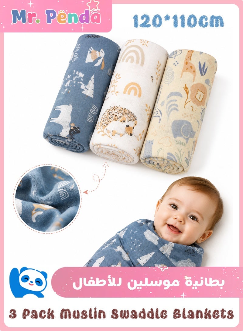 Mr. Penda Muslin Swaddle Blankets for Baby, 3 Pack Breathable Soft Receiving Blanket, Large 120*110cm Swaddle Wrap Burping Clothes, Essentials Infant Shower Items, Toddler Gift (Animal Pattern) - Image 1