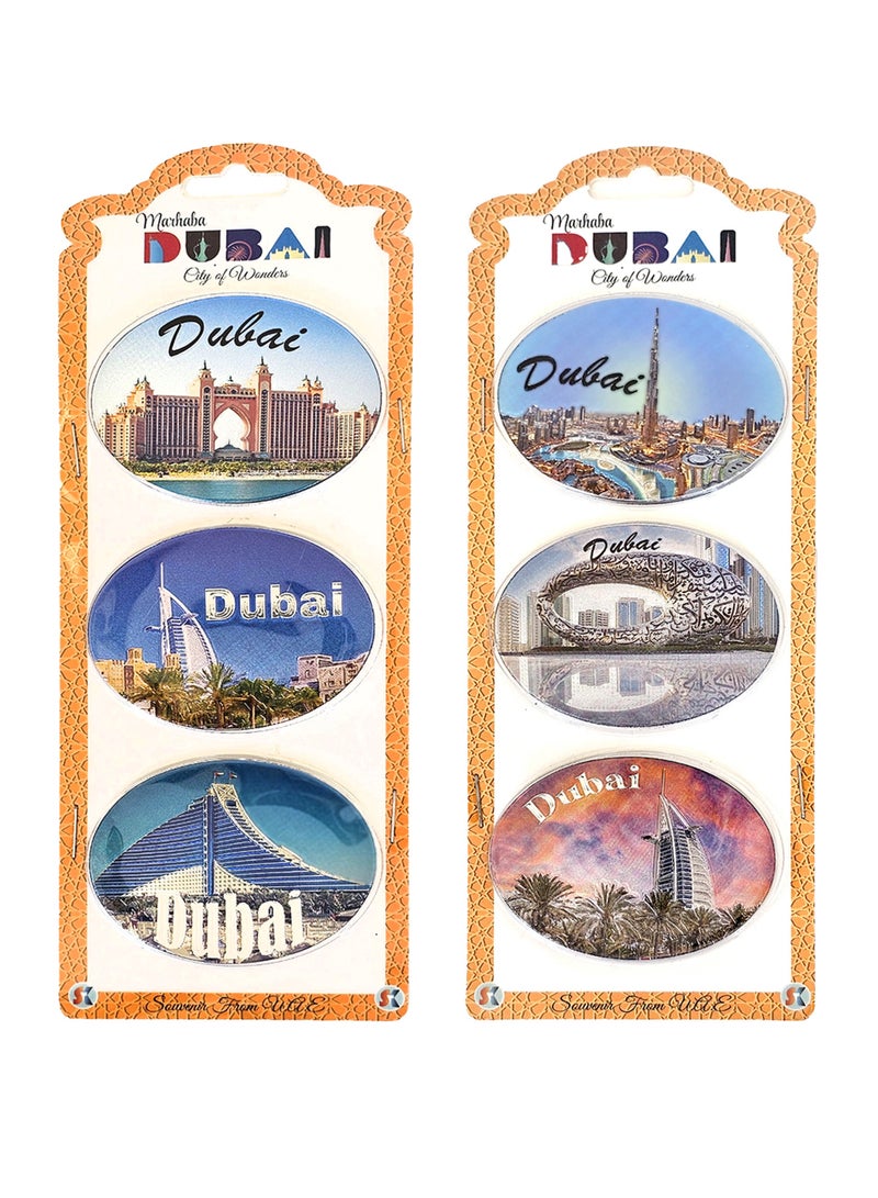 سوق الهدايا التذكارية [٦ قطع] مغناطيس ثلاجة بيضاوي الشكل من رقائق معدنية، تذكارات، هدية للمسافرين، معالم دبي الشهيرة، ٦٠ × ٤٨ مم، ألوان ٠١ - Image 1