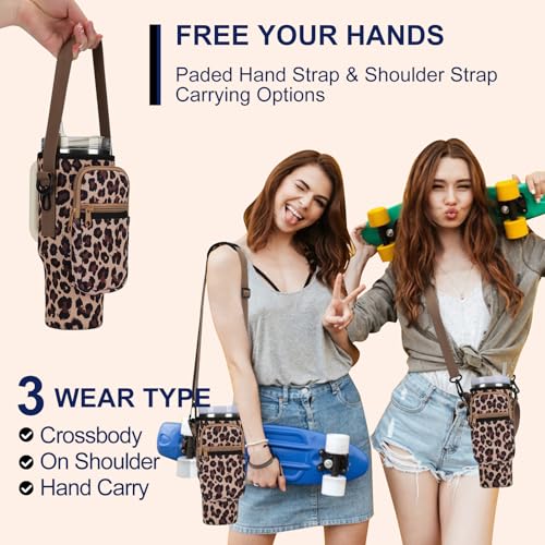 GOEWY Leopard Water Bottle Carrier Bag for Stanley 40oz Tumbler with Phone Pocket Water Bottle Holder with Strap Neoprene Water Bottle Pouch for Stanley Cup Accessories - Image 3