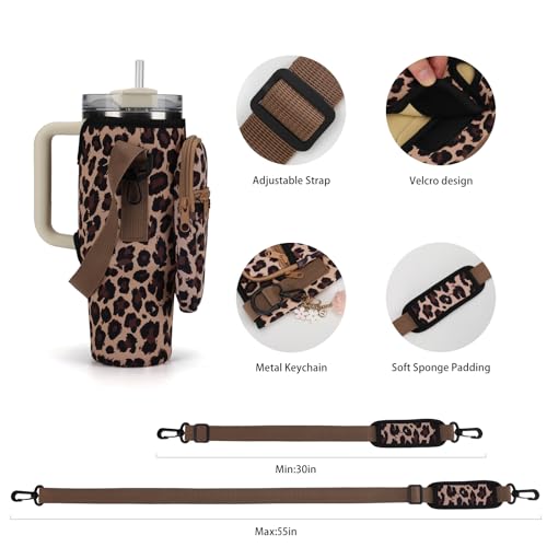 GOEWY Leopard Water Bottle Carrier Bag for Stanley 40oz Tumbler with Phone Pocket Water Bottle Holder with Strap Neoprene Water Bottle Pouch for Stanley Cup Accessories - Image 4