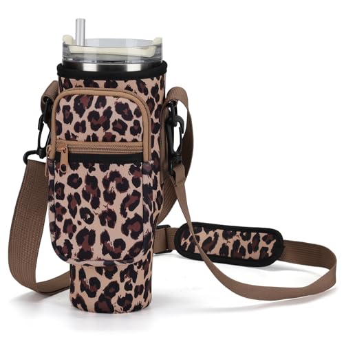 GOEWY Leopard Water Bottle Carrier Bag for Stanley 40oz Tumbler with Phone Pocket Water Bottle Holder with Strap Neoprene Water Bottle Pouch for Stanley Cup Accessories - Image 1