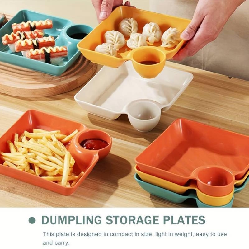 Krivety Dumpling Plate Dumpling Plate with Sauce Dish Design Versatile Easy to Clean Snacks Desserts Sushi Tray Kitchen Tableware Sauce Storage Tray (Pack of - 2) - Image 3