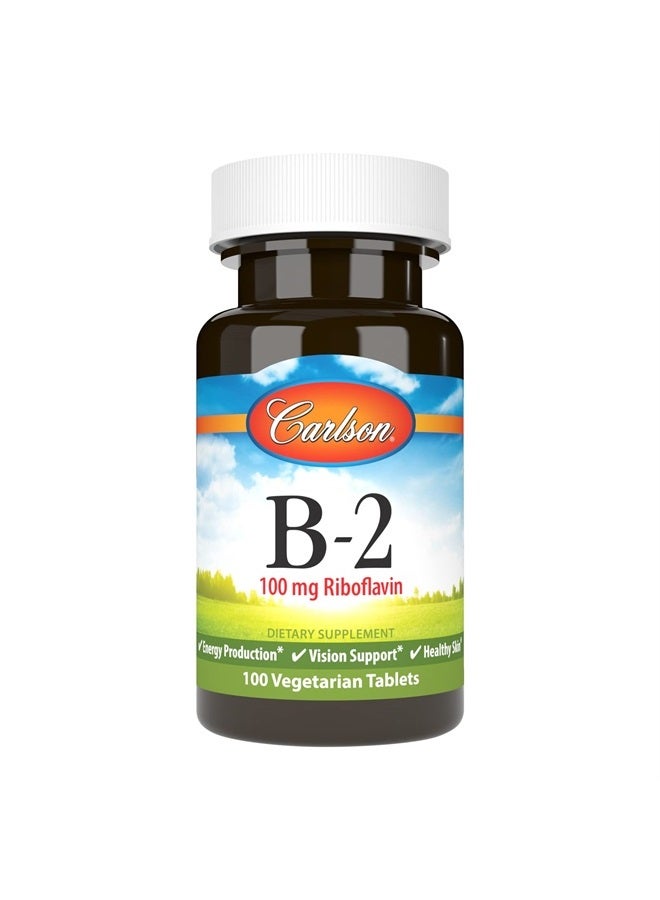 Carlson B-2, 100 mg Riboflavin, Energy Production, Vision Support & Healthy Skin, 100 Vegetarian Tablets - Image 1