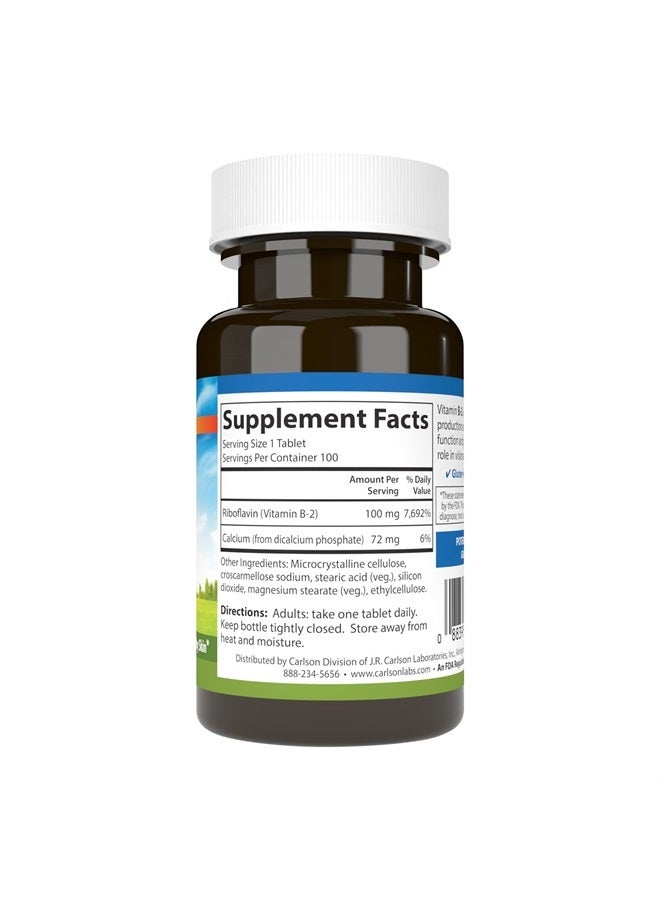 Carlson B-2, 100 mg Riboflavin, Energy Production, Vision Support & Healthy Skin, 100 Vegetarian Tablets - Image 2