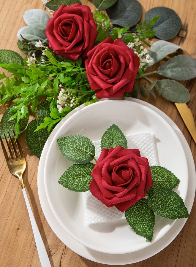 DuHouse 25Pcs Artificial Roses Flowers Fake Roses with Stems Real Touch Foam Flowers for DIY Wedding Bouquet Baby Shower Centerpiece Floral Arrangement Party Home Decor(Dark Red) - Image 3