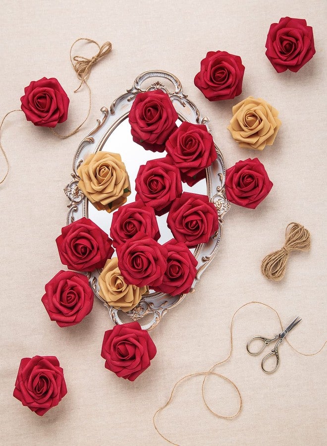 DuHouse 25Pcs Artificial Roses Flowers Fake Roses with Stems Real Touch Foam Flowers for DIY Wedding Bouquet Baby Shower Centerpiece Floral Arrangement Party Home Decor(Dark Red) - Image 2