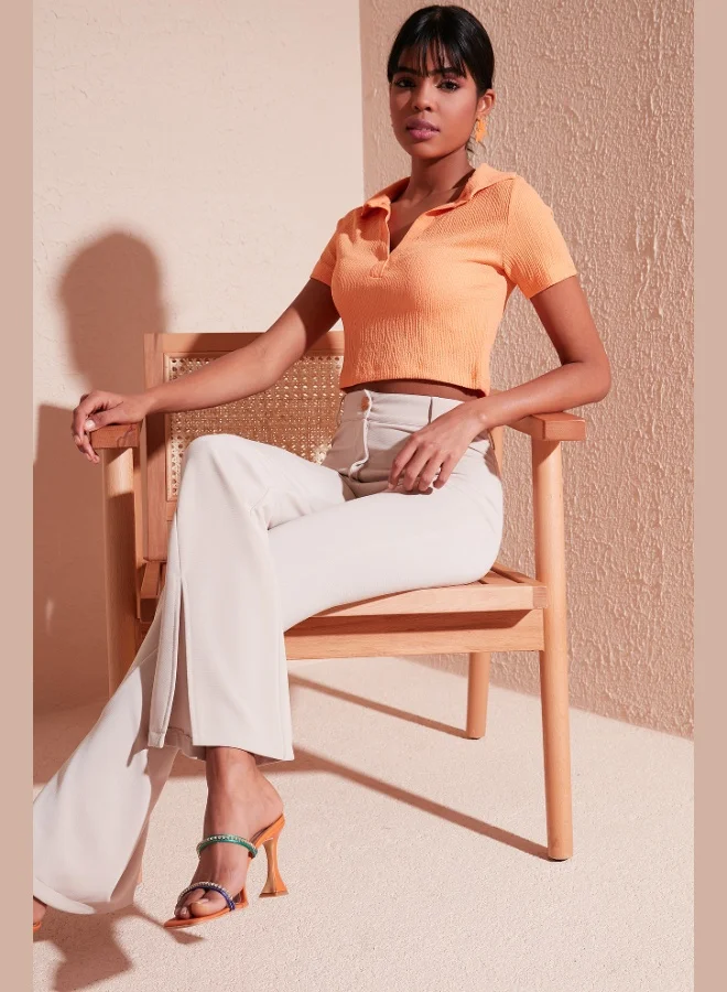 Lela Lela Slim Fit Polo V-Neck Crop Blouse Women's BLOUSE 5865035