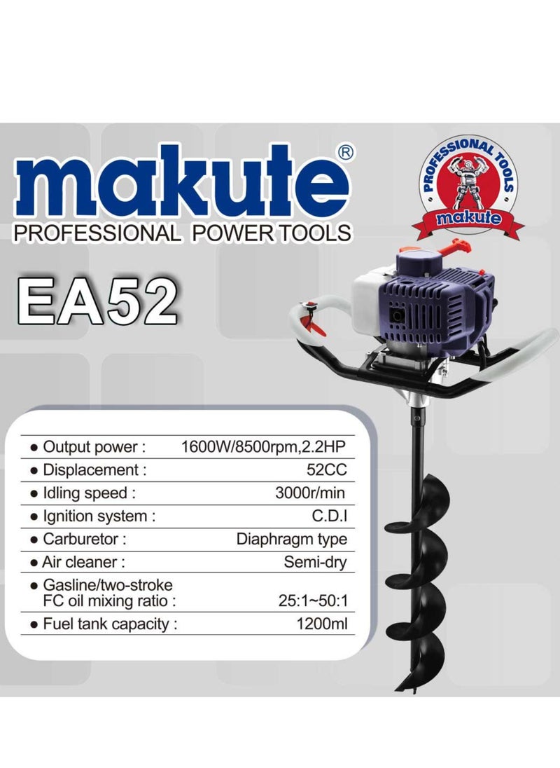 makute - Earth Auger Gasoline Powered, 52CC 2.2HP– 1600W, Adjustable Depth, Ergonomic Handle, 1200ml Fuel Tank, Heavy-Duty Soil Digging for Home & Professional Use- EA52 - Image 1