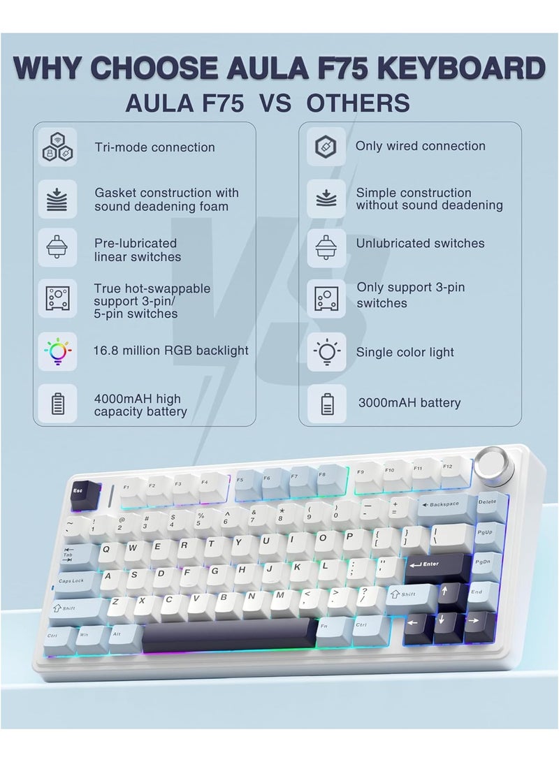 AULA F75 75% Wireless Mechanical Custom Keyboard, Tri-Mode Connection Gasket Gaming Keyboard, RGB Hot Swappable Keyboard (Ice Vein Switch) - Image 2