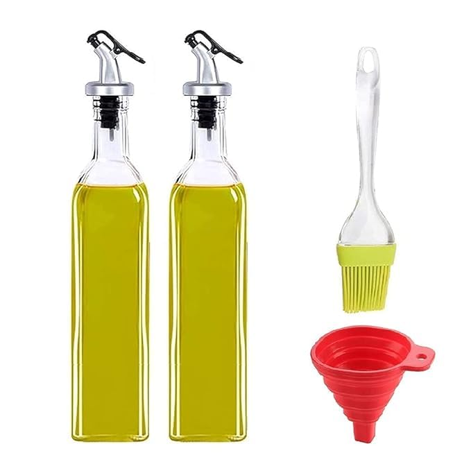 PARABRAHMA Oil Dispenser 500 ml Bottle Set of 2Transparent Silicon funnel and Oil Brush for kitchen COMBO 4 P
