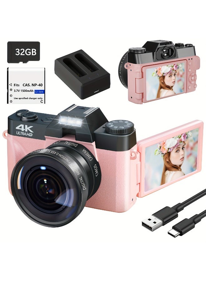 XiuWoo 4K Digital Camera for Photography Auto-Focus 56MP Vlog Camera, Support 16X Digital Zoom 3 Inch 180° Flip Screen, Comes with 52mm Wide Angle & Macro Lens and 32G Memory Card a 1500mAH Battery,Pink - Image 1