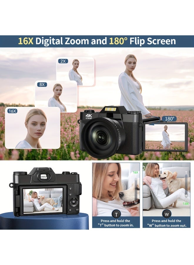 XiuWoo 4K Digital Camera for Photography Auto-Focus 56MP Vlog Camera, Support 16X Digital Zoom 3 Inch 180° Flip Screen, Comes with 52mm Wide Angle & Macro Lens and 32G Memory Card a 1500mAH Battery,Pink - Image 3