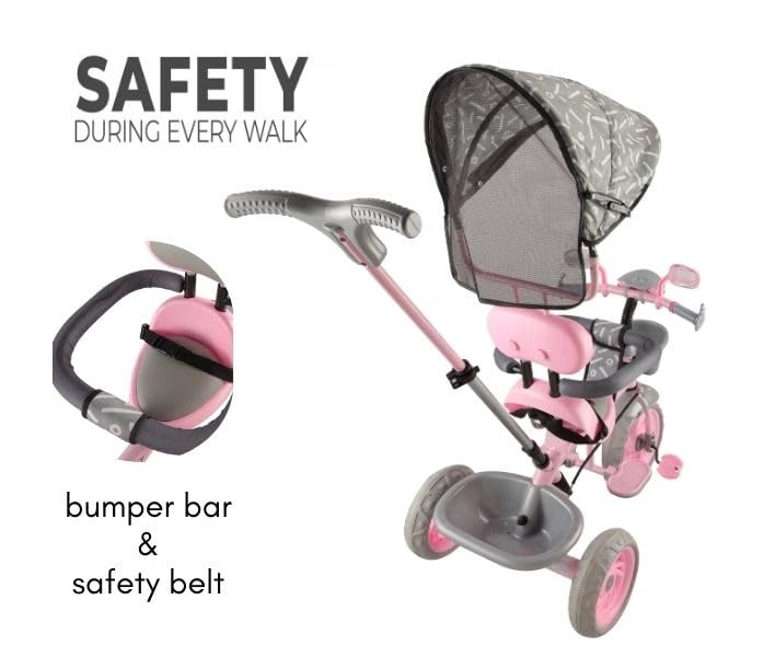 JoyRide Tiny Trekker Tricycle for Kids 1.5 to 5 Years with Parental Push Handle, Foldable Canopy Storage Baskets |Plug & Play Trikes for Girls Boys Rose Pink - Image 2