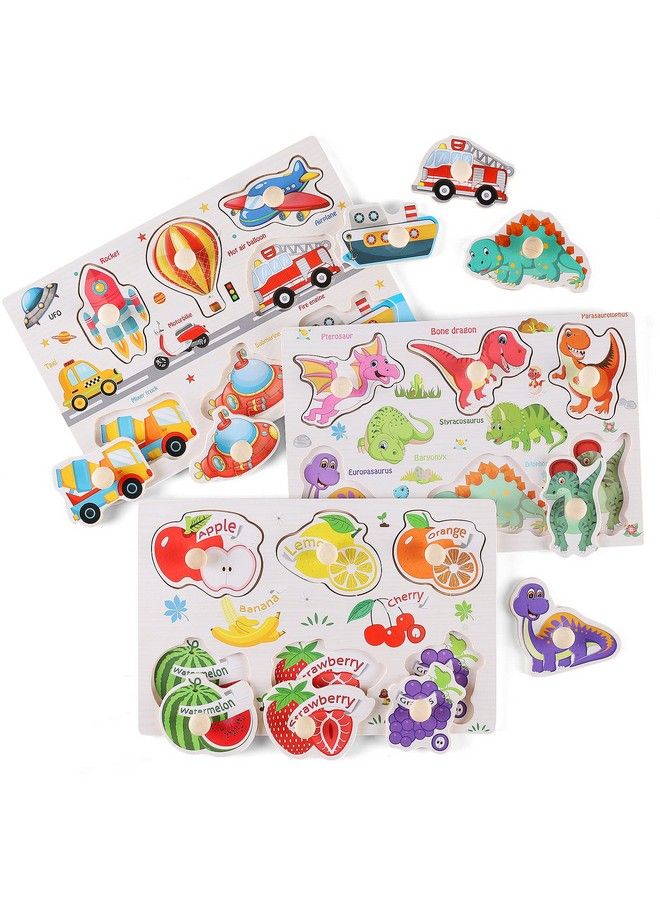 NASHRIO Wooden Peg Puzzles For Toddlers 13 Kidseducational Preschool Peg Puzzle Toy Set Of 3 Toddler Puzzles Traffic Dinosaur And Fruit Ideal Gift For Ages 1 2 3 Boys And Girls - Image 2
