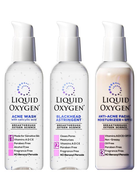 Liquid Oxygen Acne Treatment System for Acne-Prone Skin | Oxygen-Infused | Cleansing Wash, Blackhead Astringent & Hydrating Moisturizer | Blemish Control & Pimple Treatment | Dermatologist-Recommended