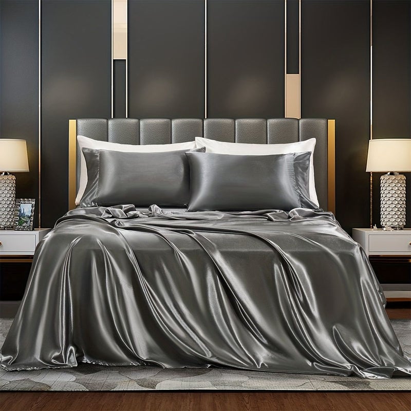 Satin Sheet Set Sky Blue Full 3 Or 4 Piece Bed Sheets No Filling Fitted Sheet Flat Sheet Pillowcases - Image 2