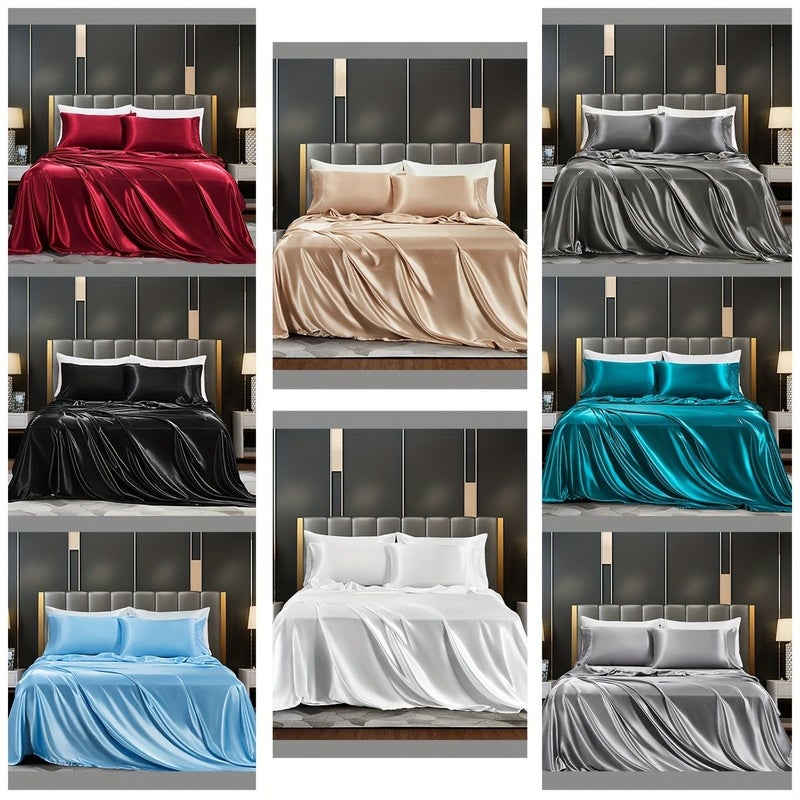 Satin Sheet Set Sky Blue Full 3 Or 4 Piece Bed Sheets No Filling Fitted Sheet Flat Sheet Pillowcases - Image 1