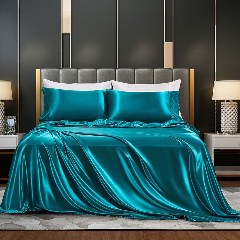 Satin Sheet Set Sky Blue Full 3 Or 4 Piece Bed Sheets No Filling Fitted Sheet Flat Sheet Pillowcases - Image 4
