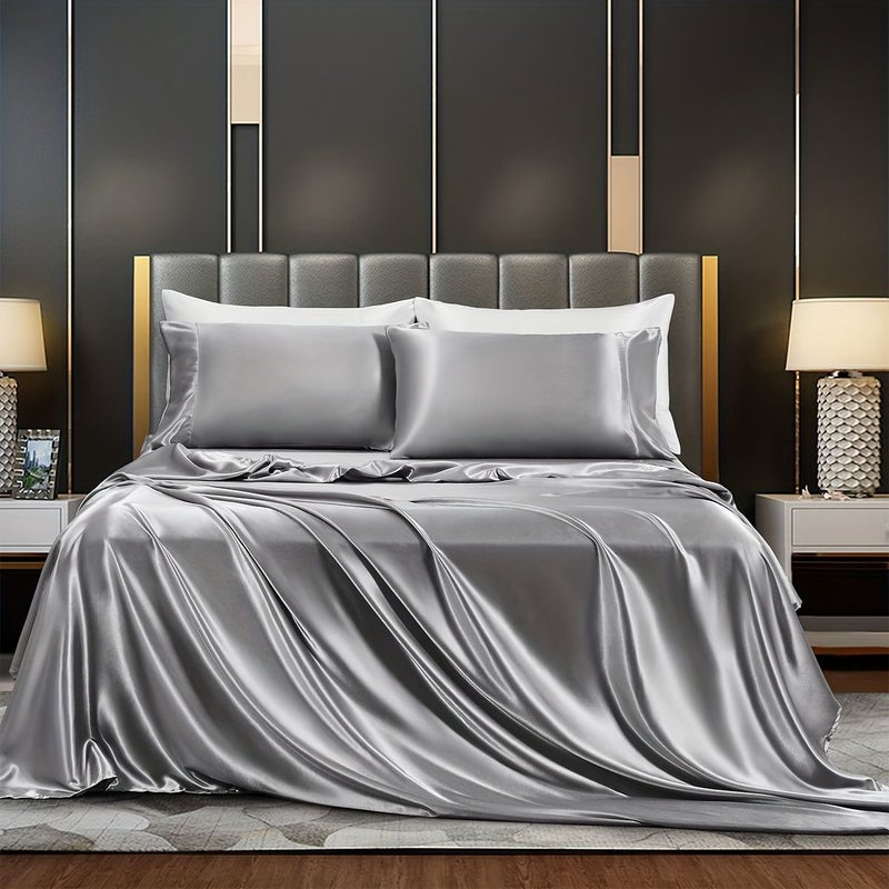 Satin Sheet Set Sky Blue Full 3 Or 4 Piece Bed Sheets No Filling Fitted Sheet Flat Sheet Pillowcases - Image 5