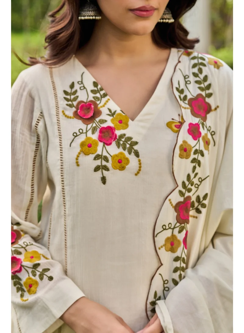 Priya’s Panache white Women Crush Cotton Anarkali Kurta Set with Dupatta | Kurta Set Ladies Indian Ethnic Wear | Floral Embroidered 3 Piece Salwar Suit for Women for Women | Best Price UAE