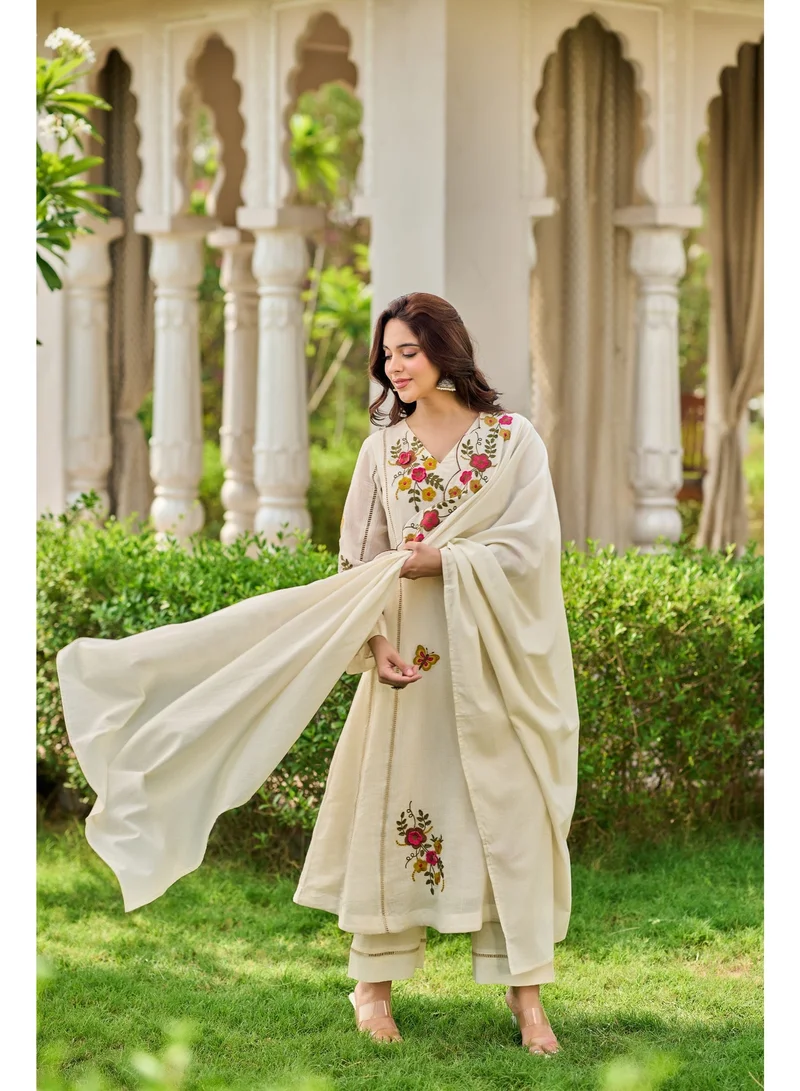 Priya’s Panache white Women Crush Cotton Anarkali Kurta Set with Dupatta | Kurta Set Ladies Indian Ethnic Wear | Floral Embroidered 3 Piece Salwar Suit for Women for Women | Best Price UAE