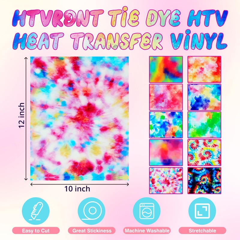 HTVRONT Tie-Dye HTV Heat Transfer Vinyl - 11 Pack Pattern htv, Easy to Weed & Transfer Iron on Vinyl, Heat Transfer Vinyl for T-Shirts - 12in X 10in Iron-on Vinyl Bundle - Image 3
