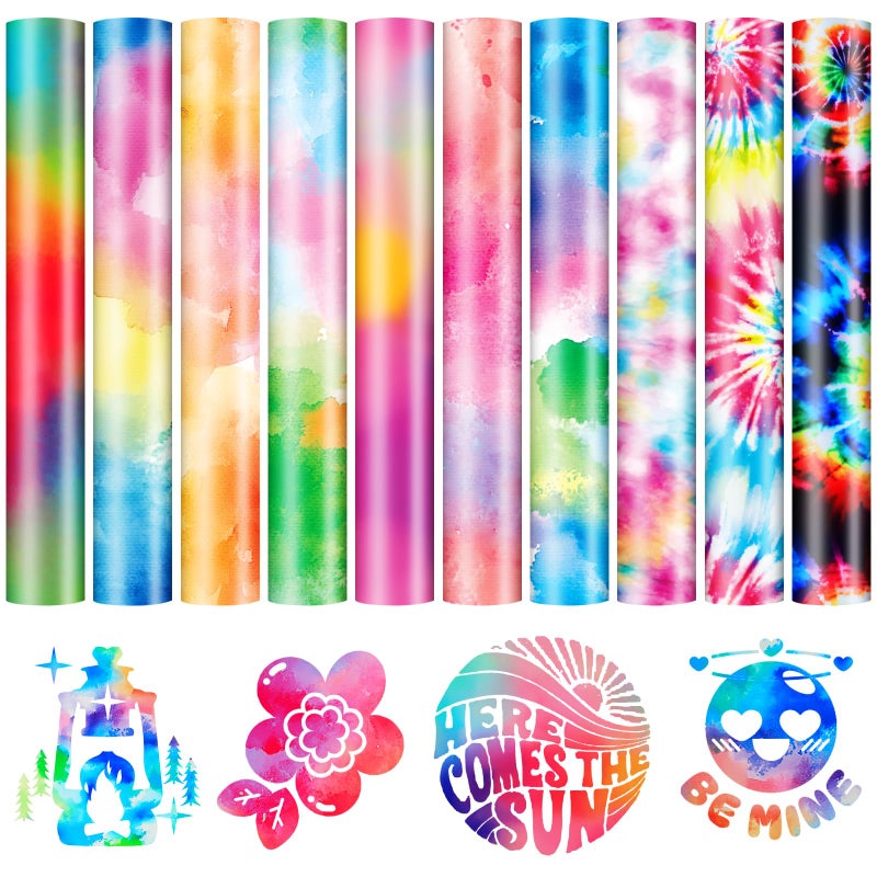 HTVRONT Tie-Dye HTV Heat Transfer Vinyl - 11 Pack Pattern htv, Easy to Weed & Transfer Iron on Vinyl, Heat Transfer Vinyl for T-Shirts - 12in X 10in Iron-on Vinyl Bundle - Image 1