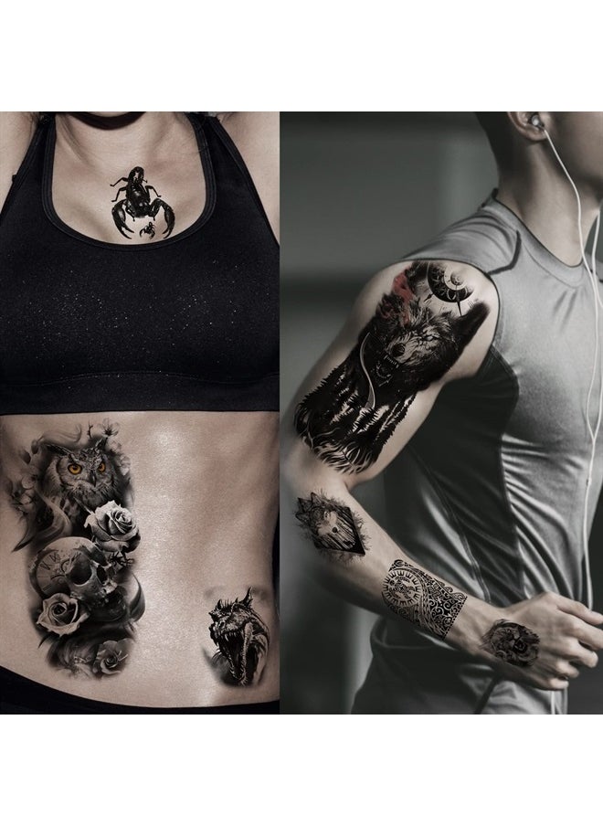Jeefonna - 72 Sheets Temporary Tattoo for Men Women Adults, Include 12 Sheets Large Black 3D Realistic Tattoos Half Sleeve Temporary Tattoos, Halloween Tattoos Include Black Scary Lion Wolf Tiger Skull - Image 1