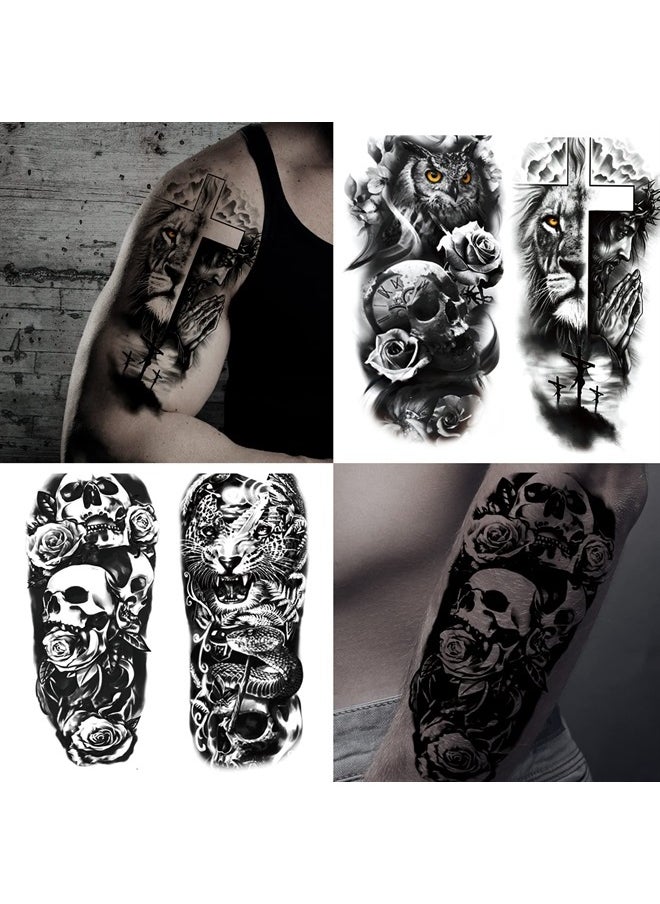 Jeefonna - 72 Sheets Temporary Tattoo for Men Women Adults, Include 12 Sheets Large Black 3D Realistic Tattoos Half Sleeve Temporary Tattoos, Halloween Tattoos Include Black Scary Lion Wolf Tiger Skull - Image 1