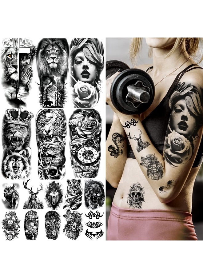 Jeefonna - 72 Sheets Temporary Tattoo for Men Women Adults, Include 12 Sheets Large Black 3D Realistic Tattoos Half Sleeve Temporary Tattoos, Halloween Tattoos Include Black Scary Lion Wolf Tiger Skull - Image 1
