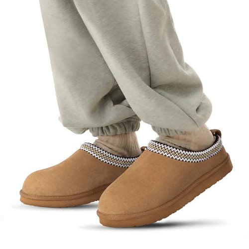 FITORY Mens Winter Genuine Leather Slippers Comfy Memory Foam Suede Shoes with Warm FleeceLined for Indoor and Outdoor Chestnut Size 10 - Image 3
