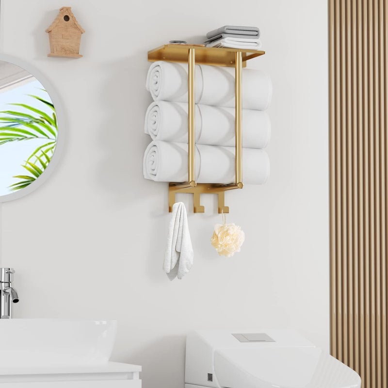 BETHOM Wall Mounted Towel Rack, Towel Rack with Shelf for Bathroom Wall Mounted, Wall Metal Bath Towel Holder Storage Hand Towels for Small Bathroom, Gold - Image 2