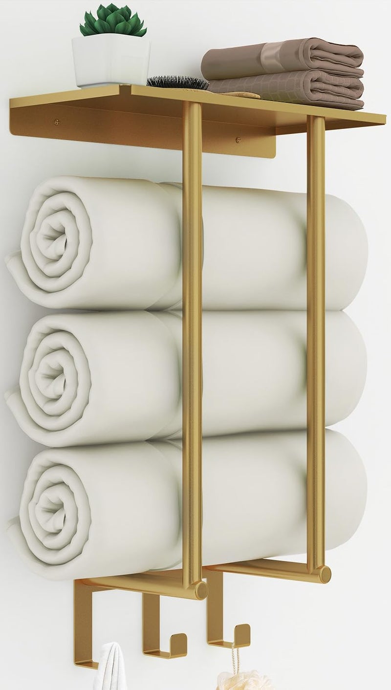 BETHOM Wall Mounted Towel Rack, Towel Rack with Shelf for Bathroom Wall Mounted, Wall Metal Bath Towel Holder Storage Hand Towels for Small Bathroom, Gold - Image 1