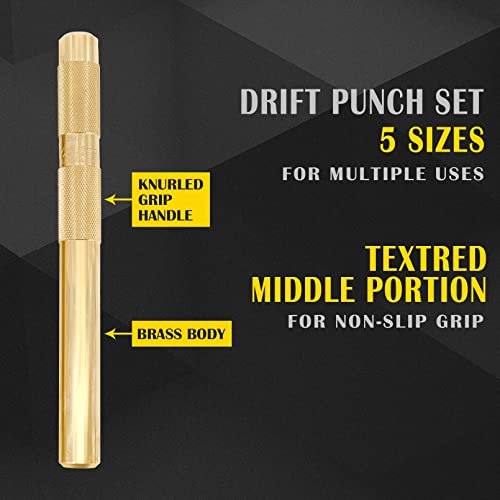 Tektall 5 Brass Drift Punch Set, Hand Tool Punches Tools for Home use 1/4-Inch 3/8-Inch 1/2-Inch 5/8-Inch 3/4-Inch 1/4'' 3/8'' 1/2'' 5/8'' 3/4'' 5 Pc. Replace 67003-MAI 045256670034 - Image 3