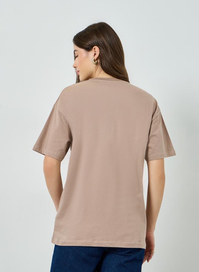 Styli Brown Oversized Crew Neck Cotton T-Shirt - Image 5