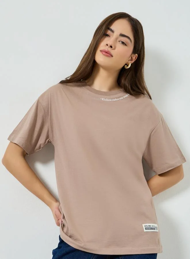 Styli Brown Oversized Crew Neck Cotton T-Shirt