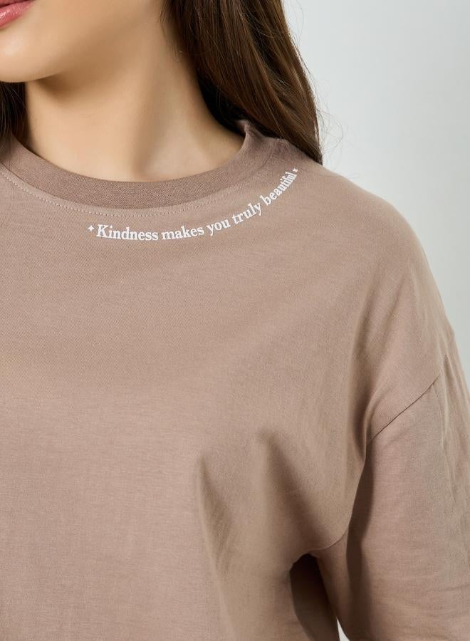 Styli Brown Oversized Crew Neck Cotton T-Shirt - Image 3