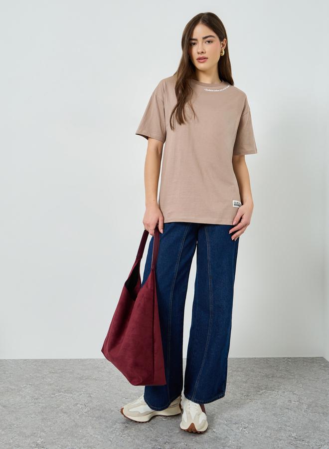 Styli Brown Oversized Crew Neck Cotton T-Shirt - Image 2