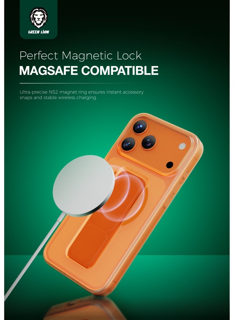 جرين ليون حافظة iPhone 17 Pro Max MagSafe GRIP 360 غطاء خلفي / حزام قبضة من الجلد / حامل قابل للطي / مغناطيس قوي / حماية من السقوط / حماية للكاميرا / مقاومة للخدش - التيتانيوم البرتقالي - Image 2